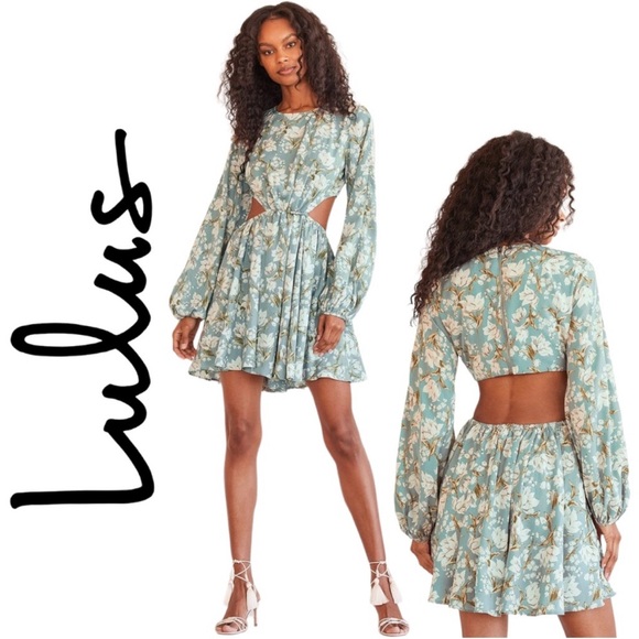 Lulus Dresses & Skirts - NWT Lulus First Blooms Dusty Blue Floral Print Long Sleeve Cutout Dress XL Mini